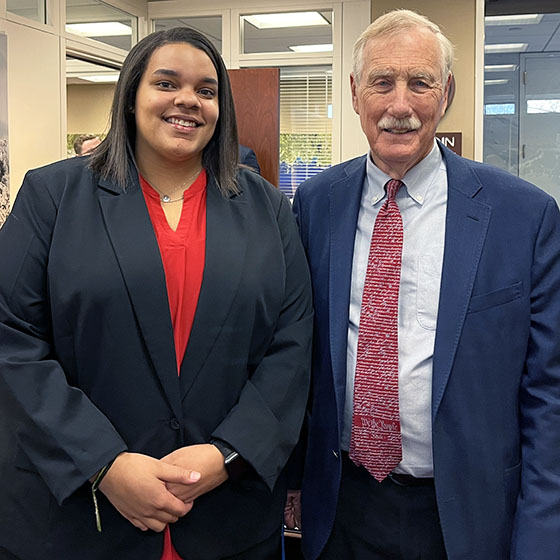 UMF Political Science intern Tiana James with U.S. Senator Angus King from Maine in his Washington, D.C. office