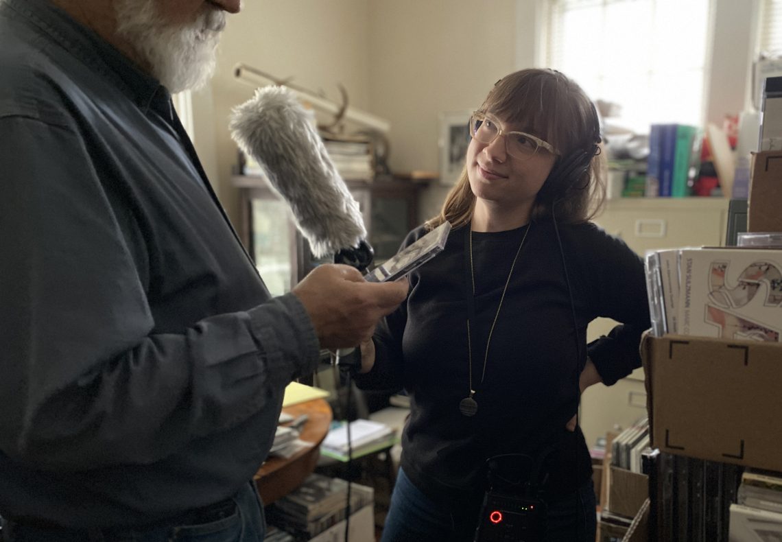 Juliet Hinely records an interview with her father for an audio documentary about his life's work as a photographer and his relationship to jazz music.