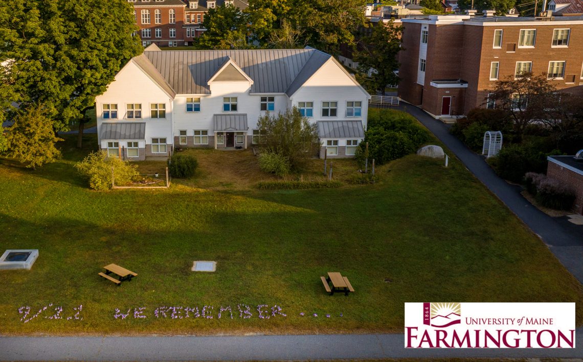 Overhead view of 9/11 We Remember message on Mantor Green